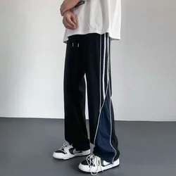 High Street Trendy Casual Pants Men's Solid Side Stripe Patchwork Drawstring Pocket Waterproof Outdoor Sports Straight Trousers