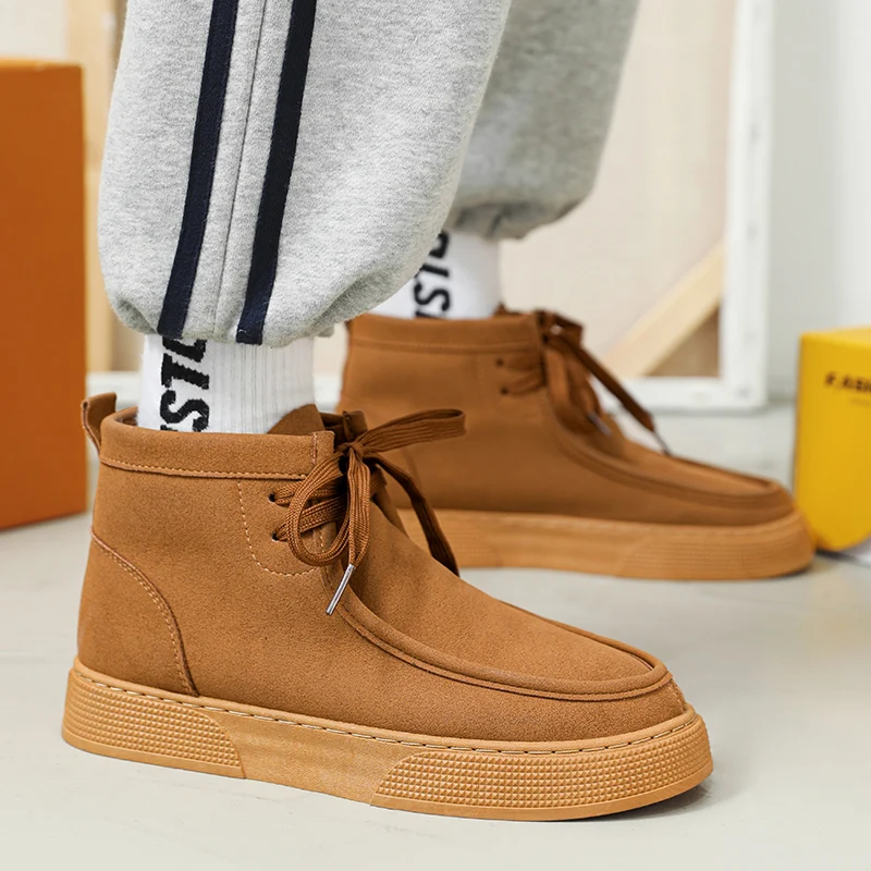 Vintage Brown Flat Casual Shoes Men Lace up Ankle Boots High Top Suede Sneakers Men Loafers Comfortable Work Men Vulcanize Shoes 2