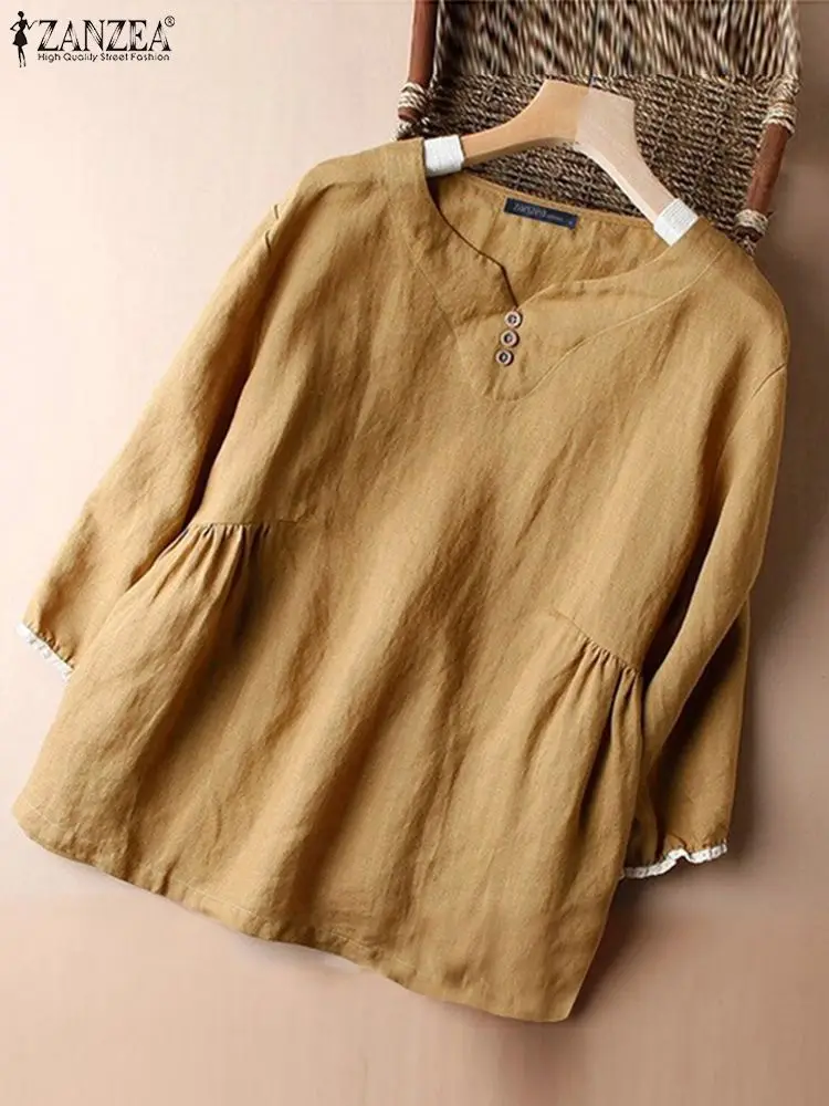 

Осенняя модная женская однотонная плиссированная блузка ZANZEA 2023, винтажные хлопковые рубашки с V-образным вырезом, топы с рукавами 3/4, туники, блузы с вышивкой на манжетах