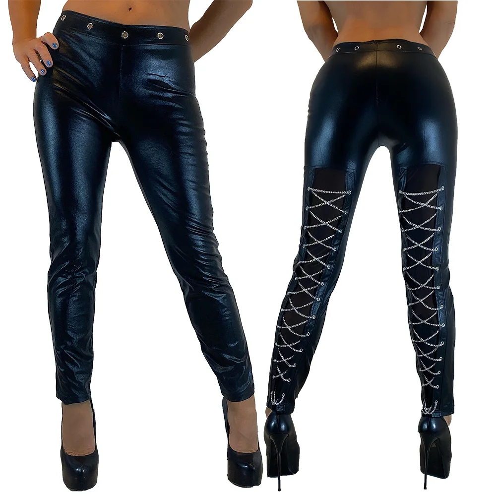

New Black Sexy Vinyl Leggings Bandage Novelty Hollow Out Exotic Apparel Women Faux Leather Leggings Fetish Pants W850705