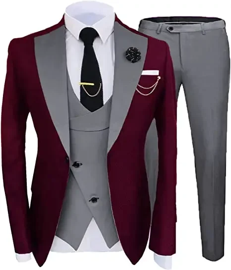 Burgundy Black Mens Suits  Fashion Slim Fit 3 Piece Wedding Tuxedos Elegant Party Blazer Vest Pants Set
