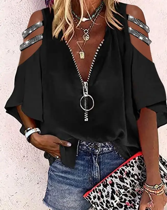 

Women's Blouses Tops Spring Summer 2023 Solid Color Rhinestone Hollow Trumpet Sleeve Zipper Design V Neck Half Sleeve Casual Top