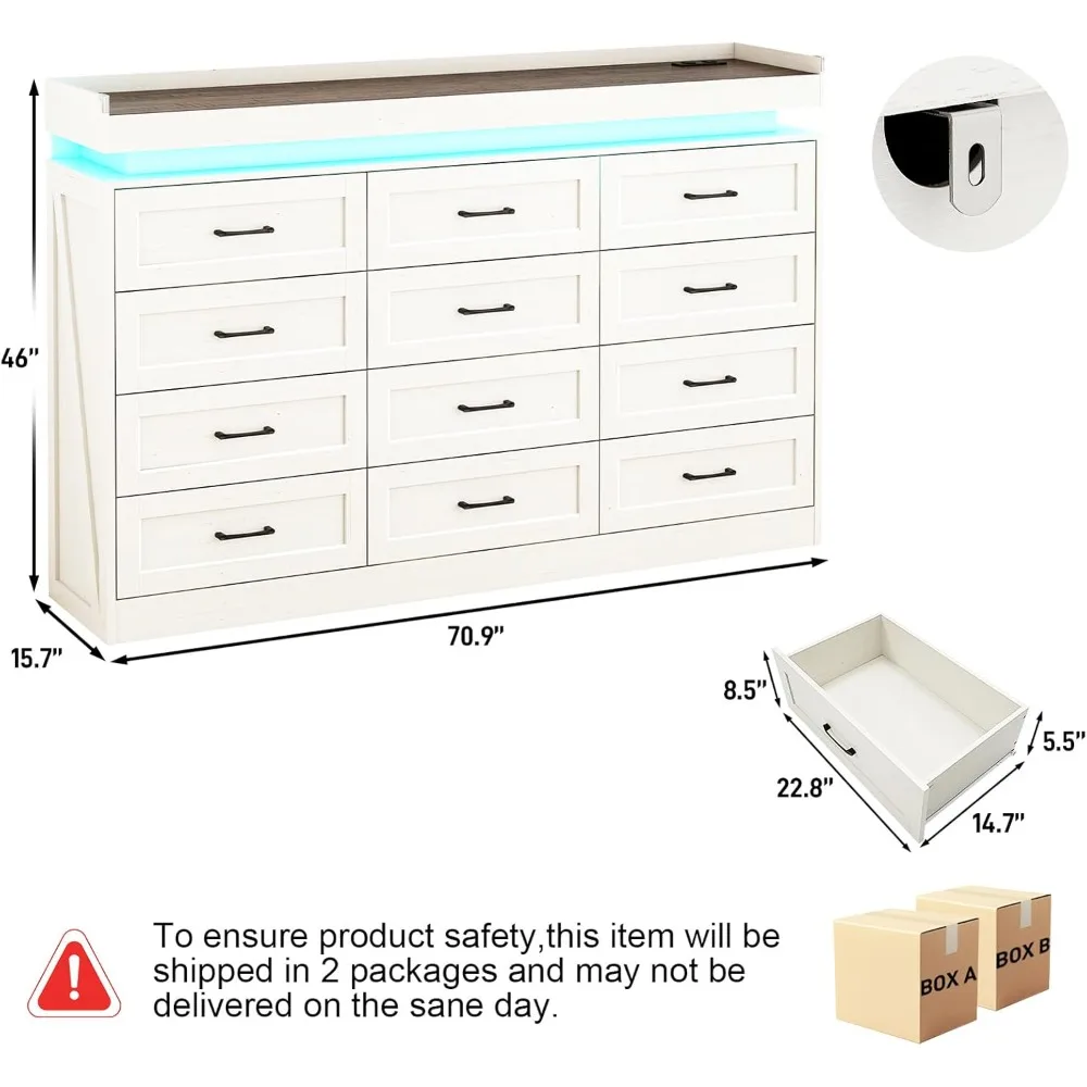 Tall Large Farmhouse 12 Drawers Dresser for Bedroom with LED Light and Power Outlets,Wood Rustic 12 Chests of Drawers for Closet 2