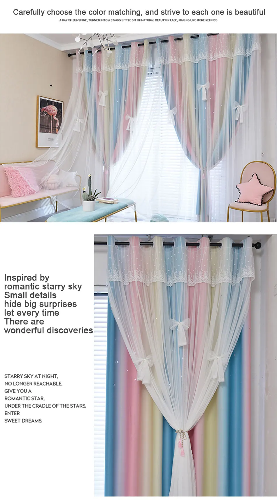 MIDSUM Bedroom Curtains Cloth Tulle Double Layer Drapes Hollow Star Decoration Window Blue Pink Gradient Curtain For Living Room