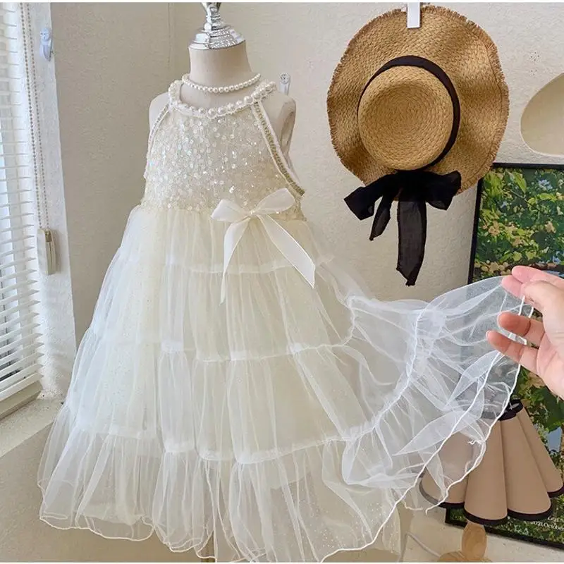 

Girls Slip White Dress Summer Sleeveless A Line Mesh Casual Beach Holiday Kids Robe