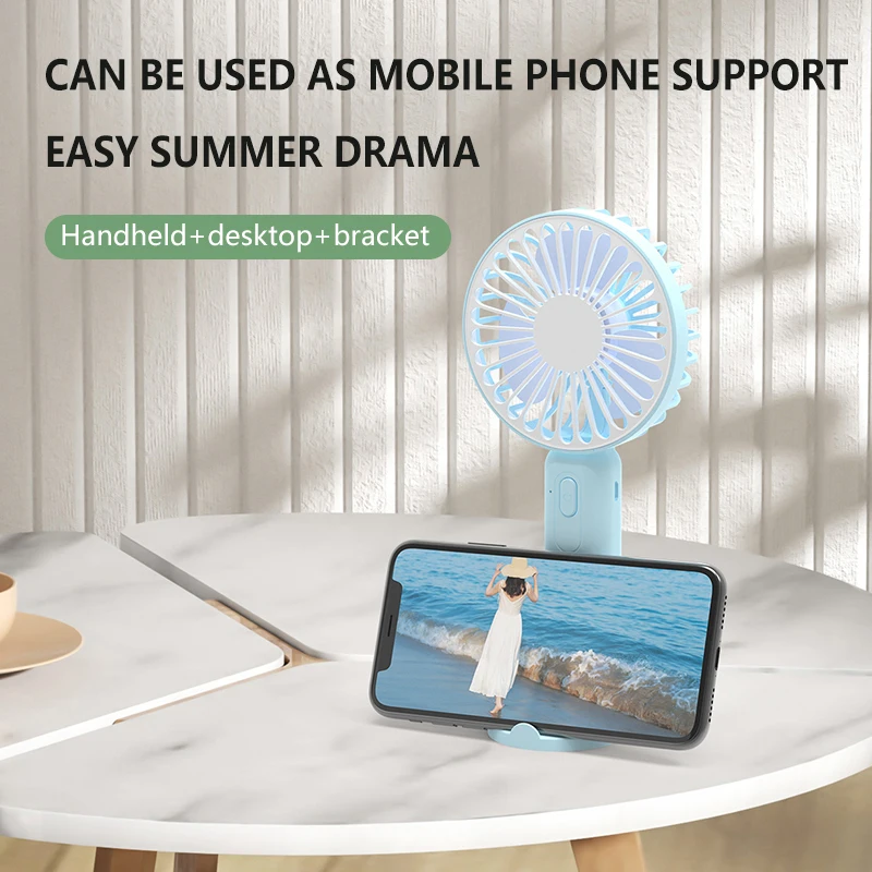 Three Gear Winds Portable USB Mini Handheld Fan Desktop Mobile Phone Holder with Base for Bedroom Dormitory Outdoor Travel