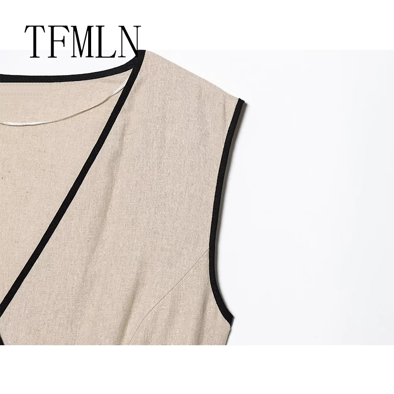 TFMLN New Fashion Women Midi Dress With Belt Spring Autumn V-Neck Sleeveless Female Chic Vintage Dresses Elegant OL Streetwear