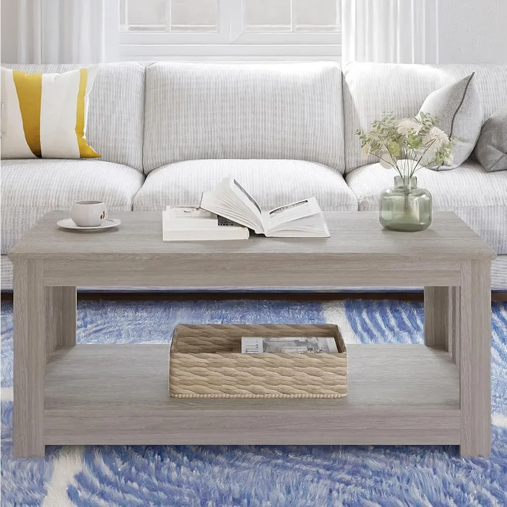 Wooden One Style Fits All Coffee Table-Gray Wash Coffee Table, 2-Tier Rectangular Unique Table for Living Room
