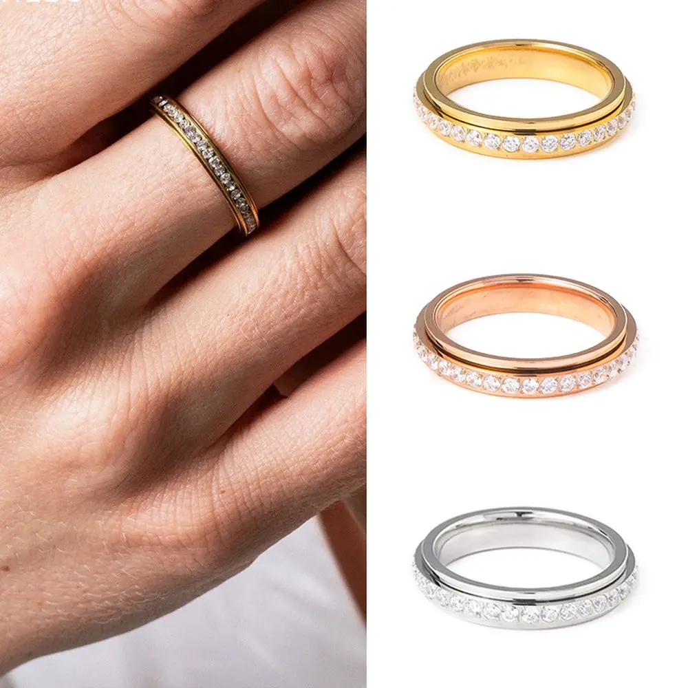 CARLIDANA Gold Plated Zircon Titanium Steel Spinning Fidget Ring