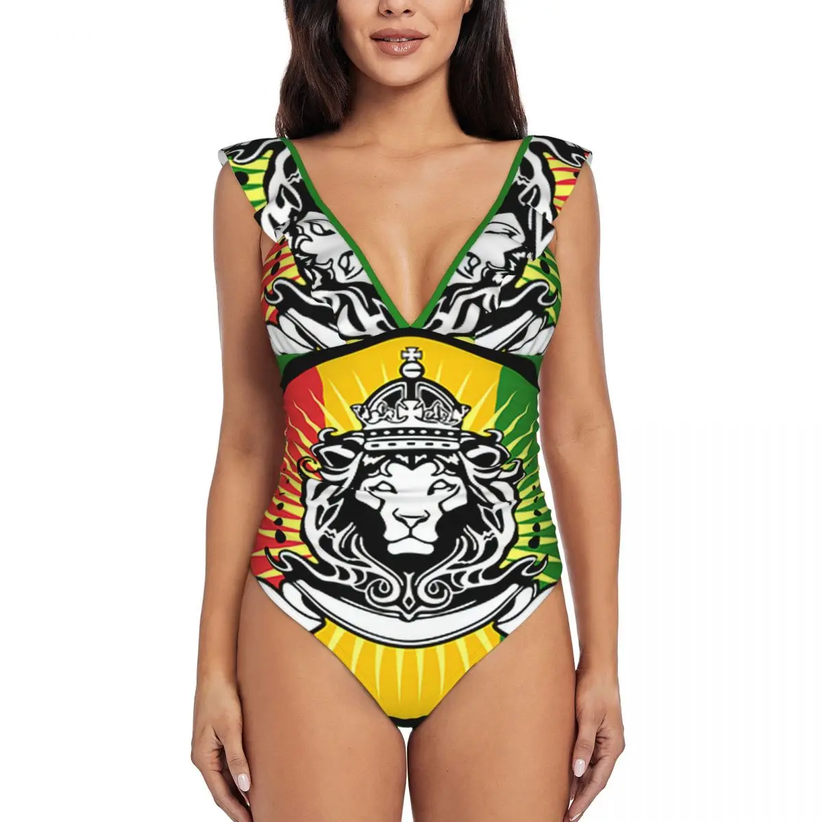 

Sexy One Piece Swimsuit 2024 Women Ruffled Swimwear Lion Monokini Female Bodysuit Girl Beach Bathing Suit