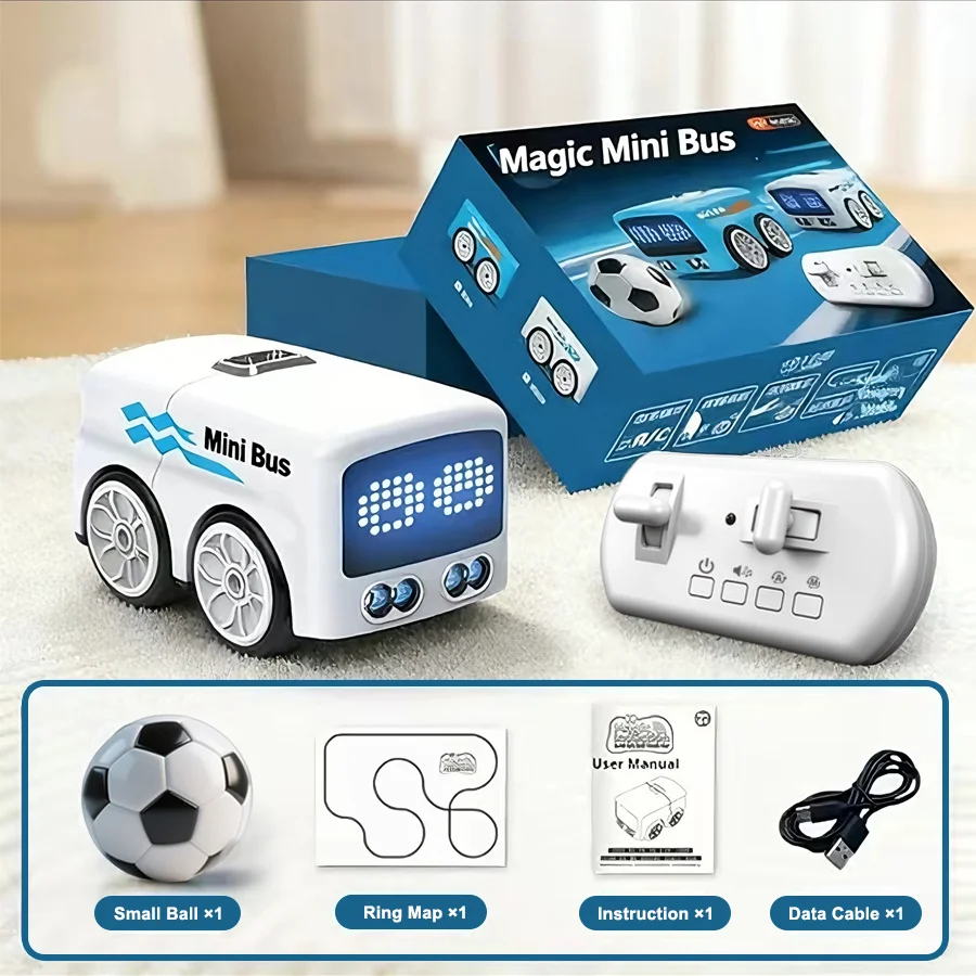 Mini bus RC télécommandé en action, soulevant ses roues avant, jouet amusant pour enfants