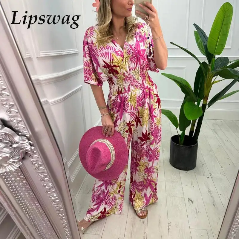 

Женский офисный длинный комбинезон, элегантный комбинезон с V-образным вырезом, коротким рукавом и карманами, с принтом листьев, 2024