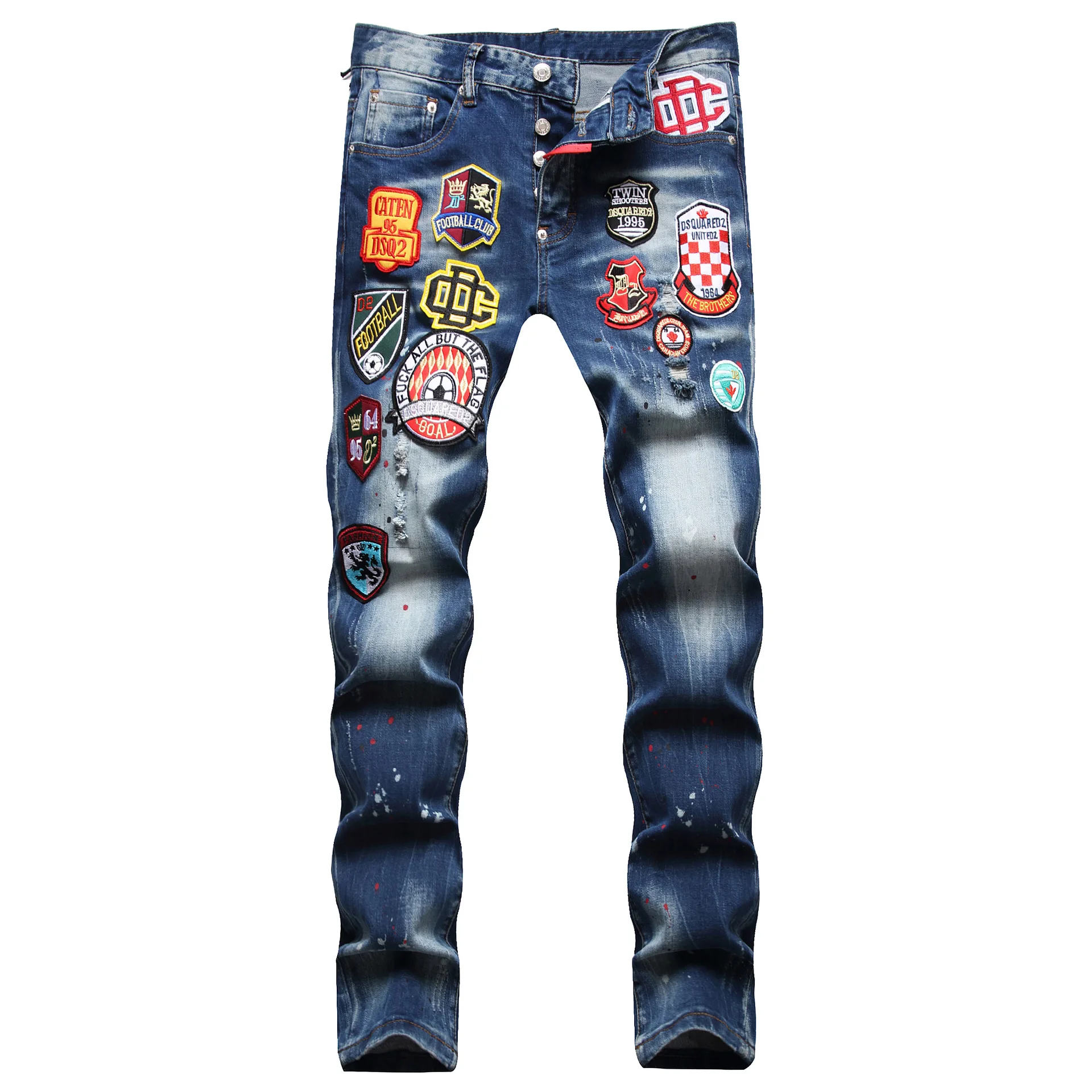New raggedy splashy men's slim-fit ripped multi-badge stretch jeans skinny beggar chic pants