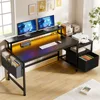 desk with power outlets, gaming desk with drawers and printer space, computer desk with file drawers cabinet 1