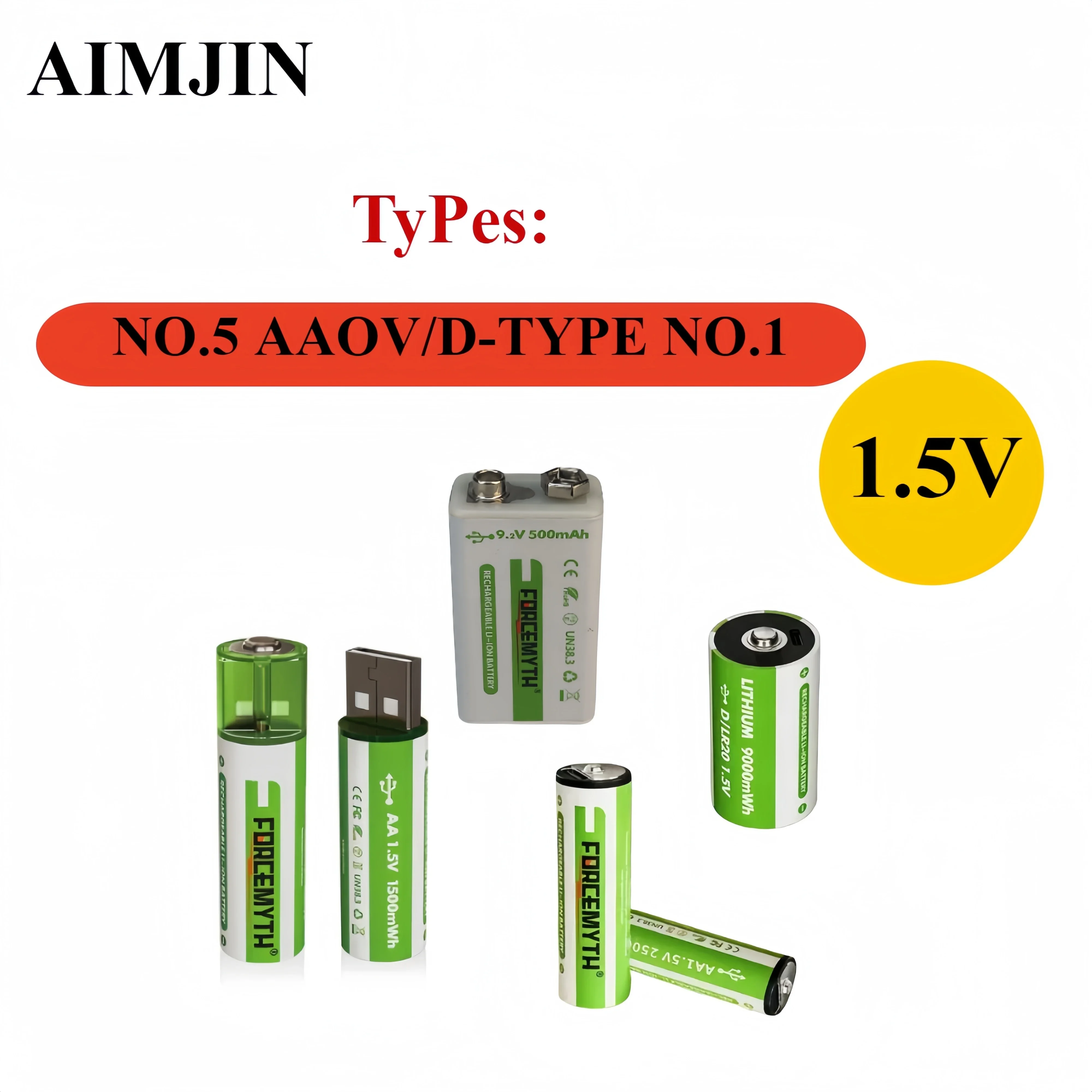 

D/LR20/9V /1.5V AA/Lithium Battery Rechargeable Type-C USB Charging Suitable for Household Appliance, Flashlight