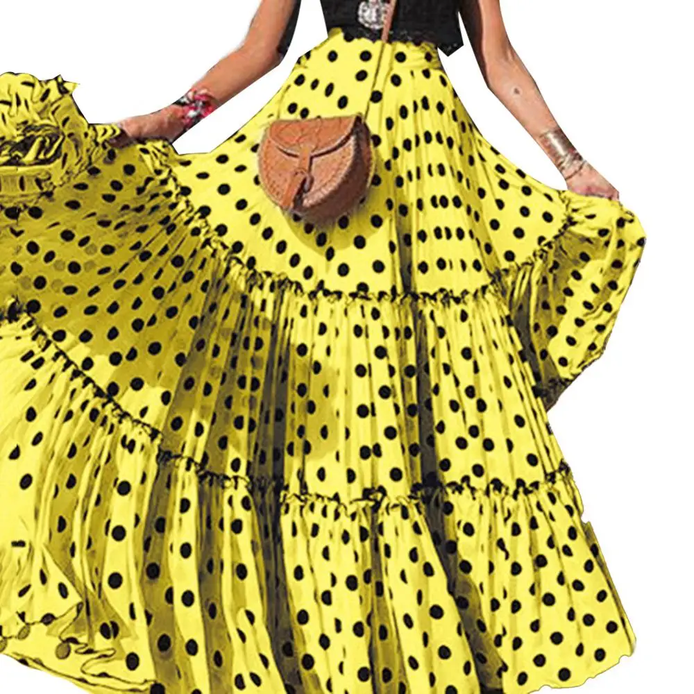 

Fashion Summer Women Plus Size Polka Dot Splice High Waist Ruffled A Line Casual Big Swing Beach Party Long Maxi Skirt For Lady