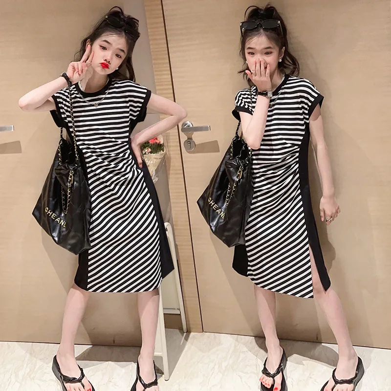 

Korean Style Girls Casual Dress - Striped Long Dress for Big Kids with Short Sleeves, Ideal for Summer