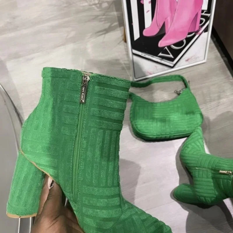 2023 New Women's Brand Luxury High Heels Fashion Green Towel Warm Street Style Women's Boots Pointed Toe Fashion Women's Boots