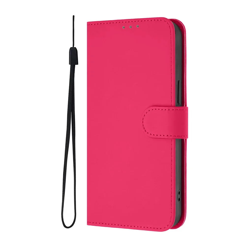 Elegant Solid Color Wallet Case with Kickstand, Card Holder, and Strap Phone Cover