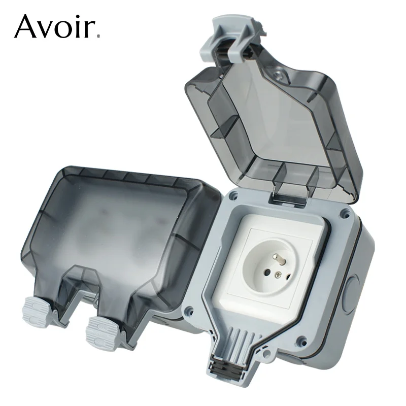 Avoir IP66 Wall Power Switch Socket Outdoor Weatherproof Electrical Outlet Dual French Standard Plug Plsatic Box For Home&Garden