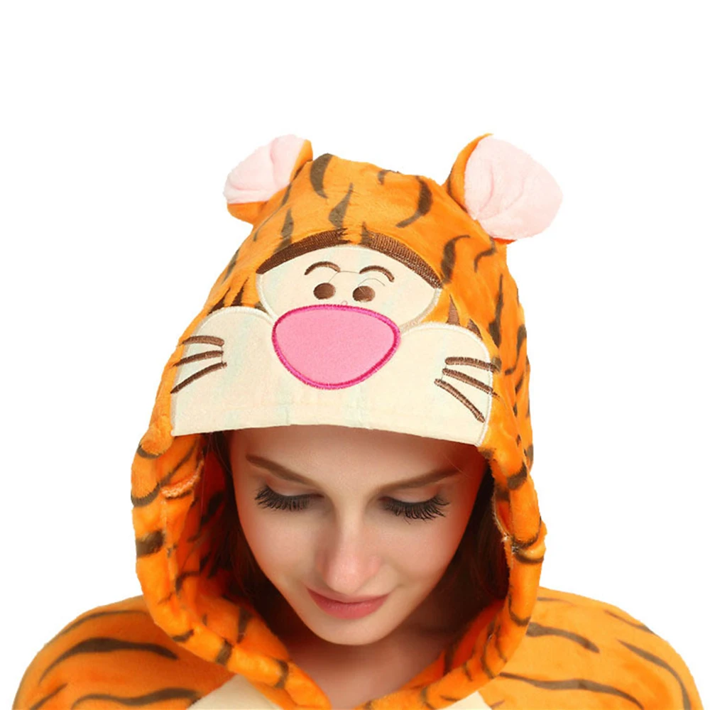 Orange Tiger with short tail and black stripe Hooded Flannel One-piece Hooded pajamas Button Onesie Couple Cosplay Sleepwear