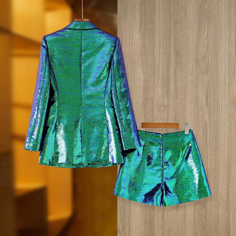 Eye-catching Occasion Wearing Women Clothing Shining Bling Gradient Color Dark Green Sequins 2PCS Blazers Shorts Sets 3