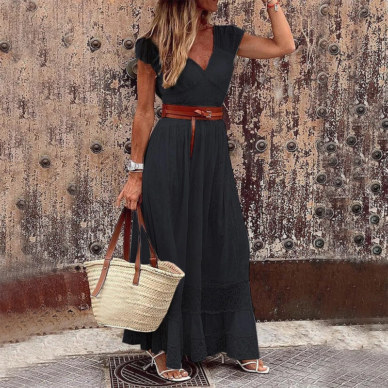 

AYUALIN Holiday Short Sleeve Lace Summer Dress 2022 Casual Beach Solid Vestidos Women Vintage Deep V Long Maxi Dresses Robe