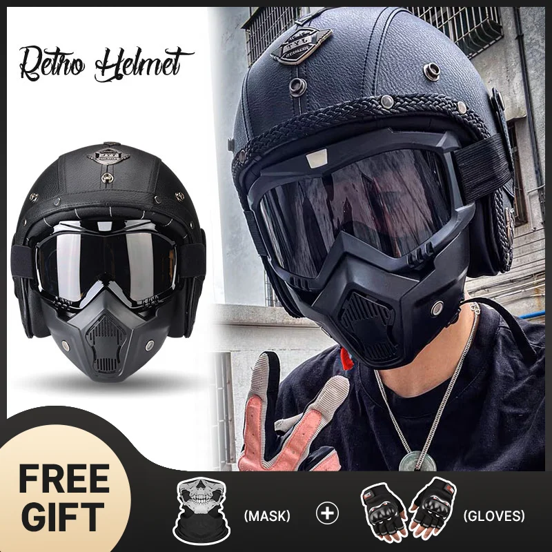 PU-Lederen Bluetooth-Helm 3/4 Motorfiets Motorhelmen Fietshelm Open Gezicht Vintage Helm En Goggles Mask Visor Mannen En Dames Straat Moped Dot