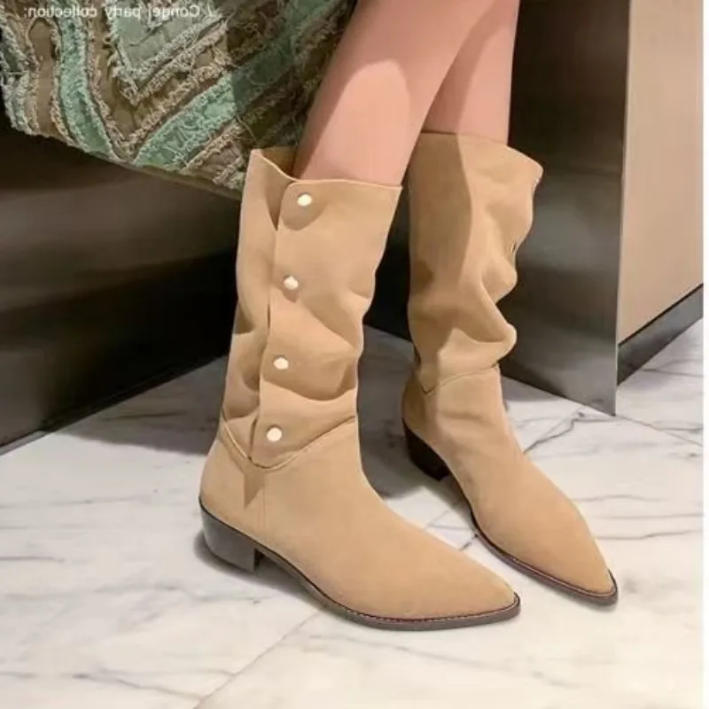 

Autumn Women Mid-calf Boots New Western Knight Boots Fashion Design Women's Shoes Pointed Square Heel Booties Lady Pleated Shoes