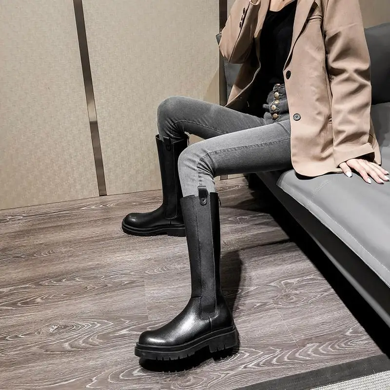

Women's Boots Middle Heel Shoes for Woman Long Footwear Black Platform Winter Knee High Shaft 2023 Novelty Waterproof Fashion Pu