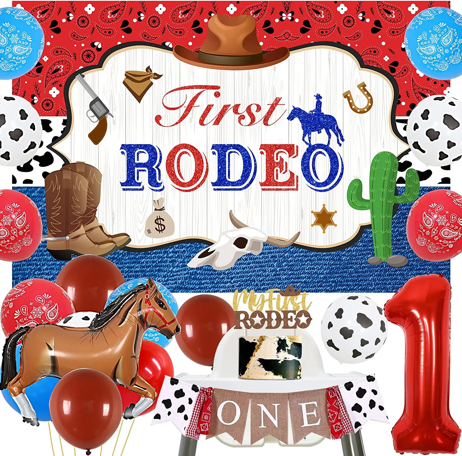 

JOYMEMO Cowboy 1st Birthday Decorations My First Rodeo Birthday Backdrop Western Horse Balloons Cow One Banner Party Supplies