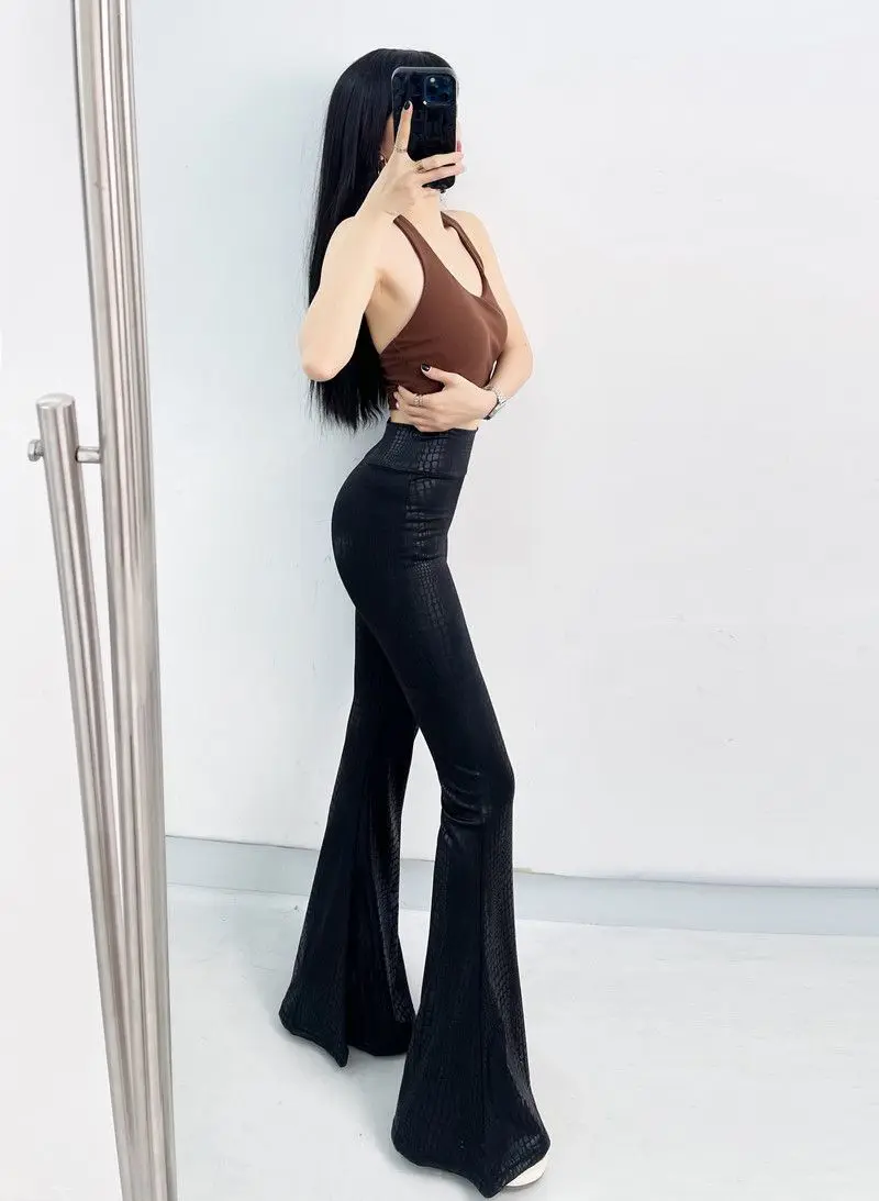 SALIENCY Silver Snake Skin Pattern Flared Pants Women High Waist Slim Sexy Stretch Wide Leg Trousers Party Clubwear