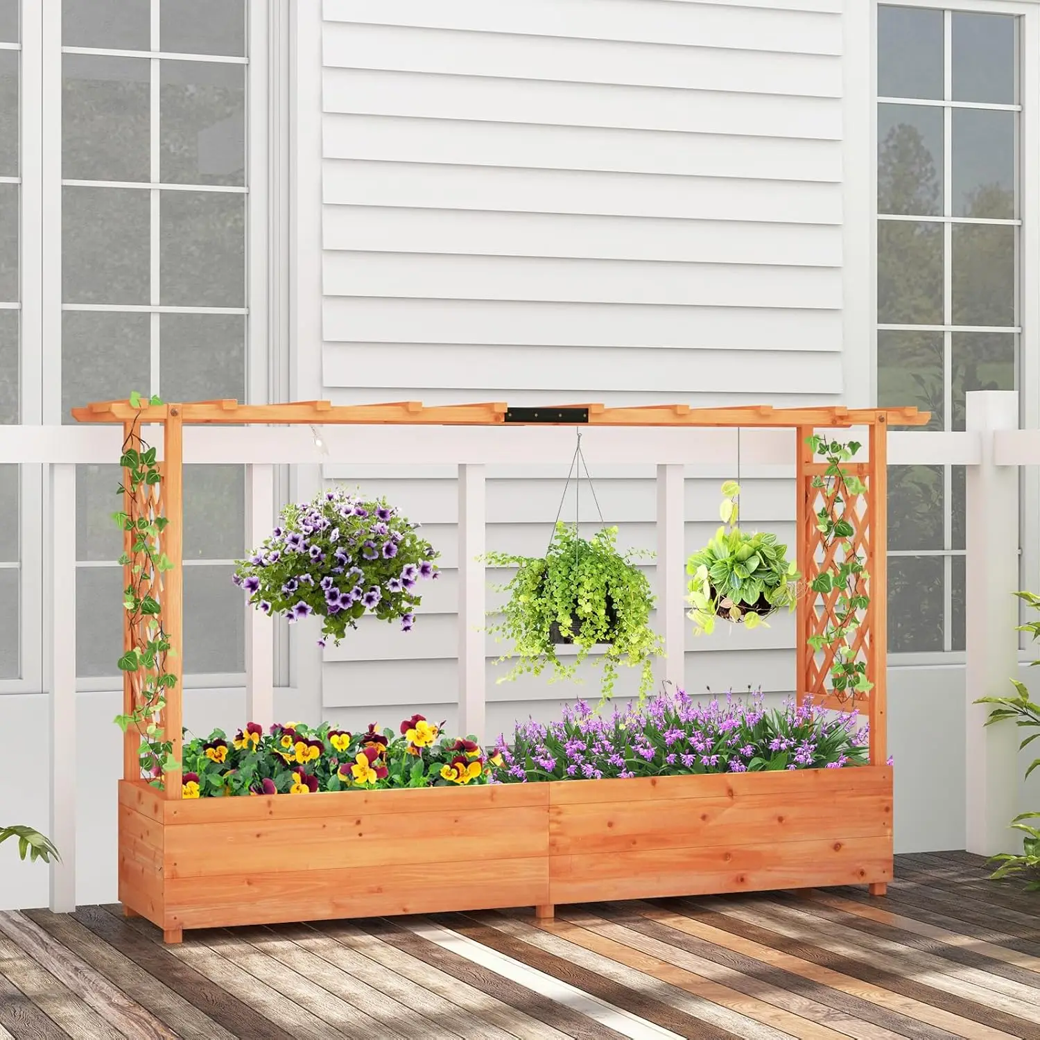 Raised Garden Bed with Trellis, 2 Pack Freestanding Wood Planter Box w/Hanging Roof & 8 Drainage Holes for Vine Climbing 2
