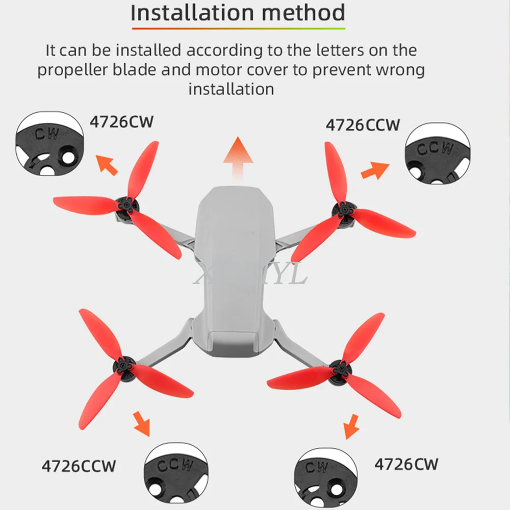 Moteur drone puissant et silencieux, paire d'hélices noires et rouges sur fond blanc