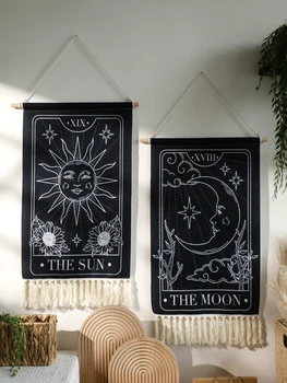 Tapisserie murale style Boho, soleil et lune noir, décoration murale pour chambre à coucher, salon, ornements suspendus, décoration de pièce esthétique, artisanat pour cadeaux d'amis 1