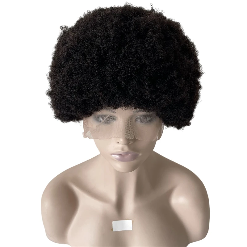 12 Inches Iindian Virgin Human Hair Hairpieces #1B Black 4mm Root Afro Wigs Full Lace Wig for Black Woman