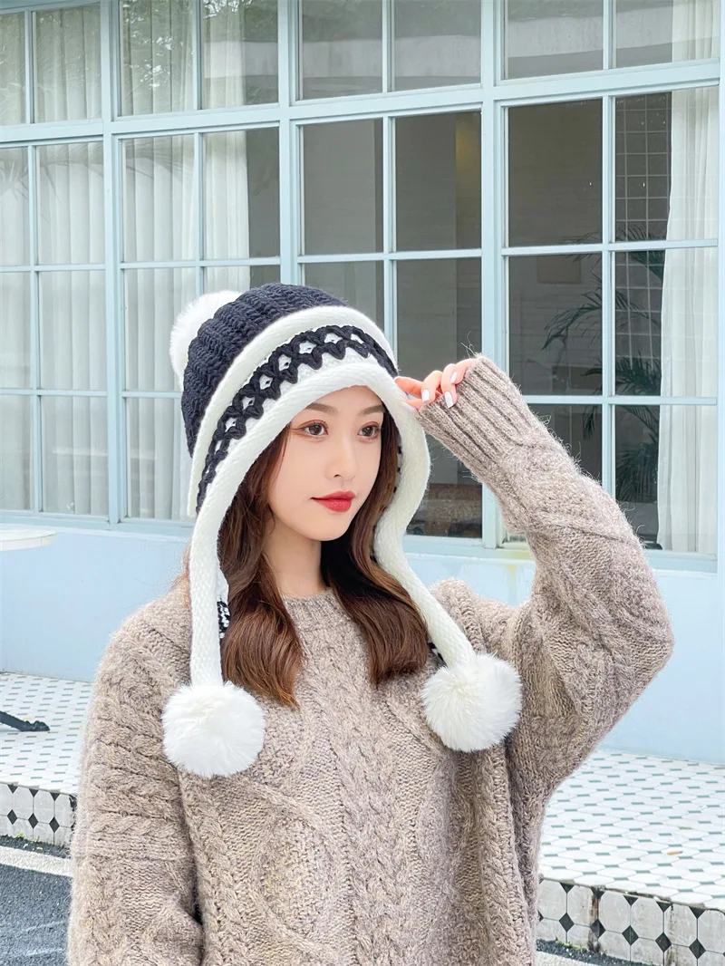 Neue Gestrickte Hut Dicke Warme Earflap Hüte Schal 2Pcs Set Fleece Gefüttert Ball Bommel Skullies Beanies Frauen Winter kaninchen Fell_voghion.com