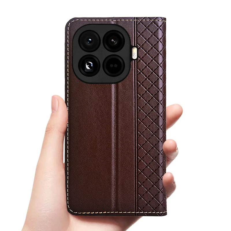 Genuine Leather Magnetic Flip Case with Card Pocket and Cowhide Grid Pattern