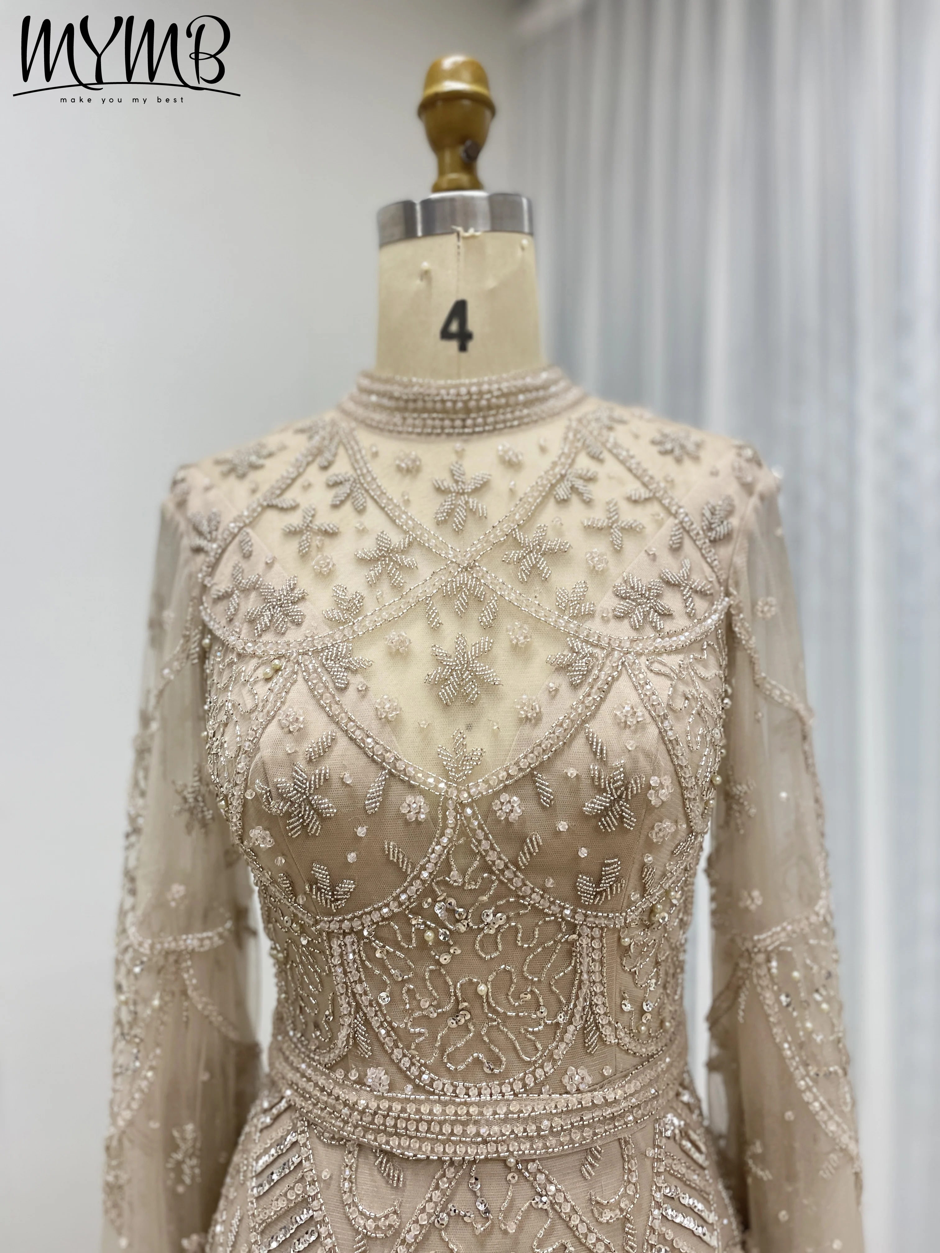 MYMB CARAMEL Lange Ärmel High Neck Arabisch Abendkleid Modest Luxus Muslimische Frauen Hochzeit Party Kleid Angepasst neue MB40247 – Detail 9