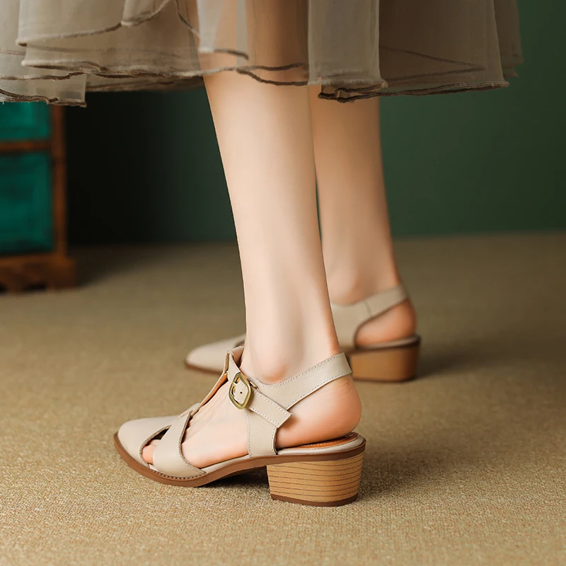 New Women Sandals Pointed Toe Thick Heels Genuine Leather Pumps Office Spring Summer Fashion Concise Slingbacks Shoes Woman