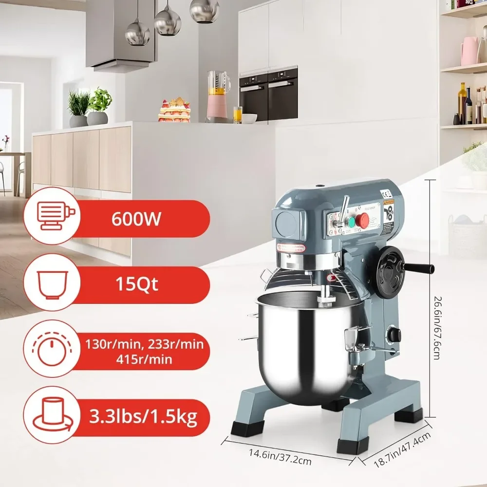Commercial Food Mixer 15Qt 600W 110V 3 Speeds Adjustable, Stainless Steel Bowl Stand Mixer With Safety Guard 4