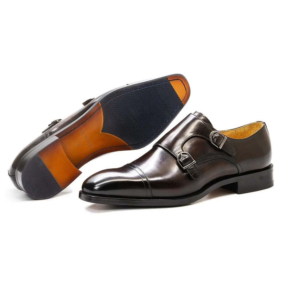 Genuine Leather Double Buckle Monk Strap Formal Shoes For Men Classic Cap Toe Business Office Wedding Dress Shoes