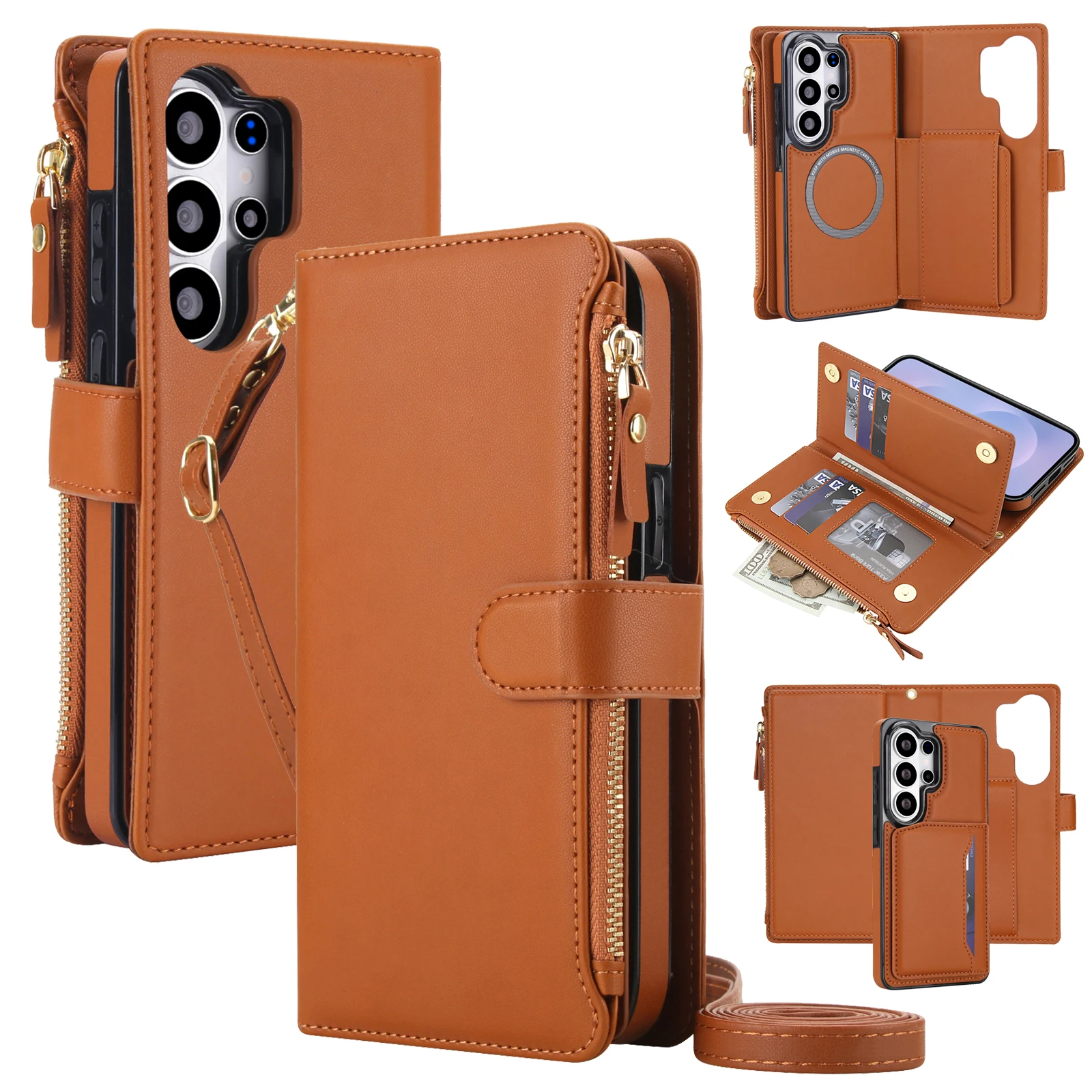 Premium Wireless Charging Flip Wallet Phone Case with Lanyard Strap and Bumper Protection