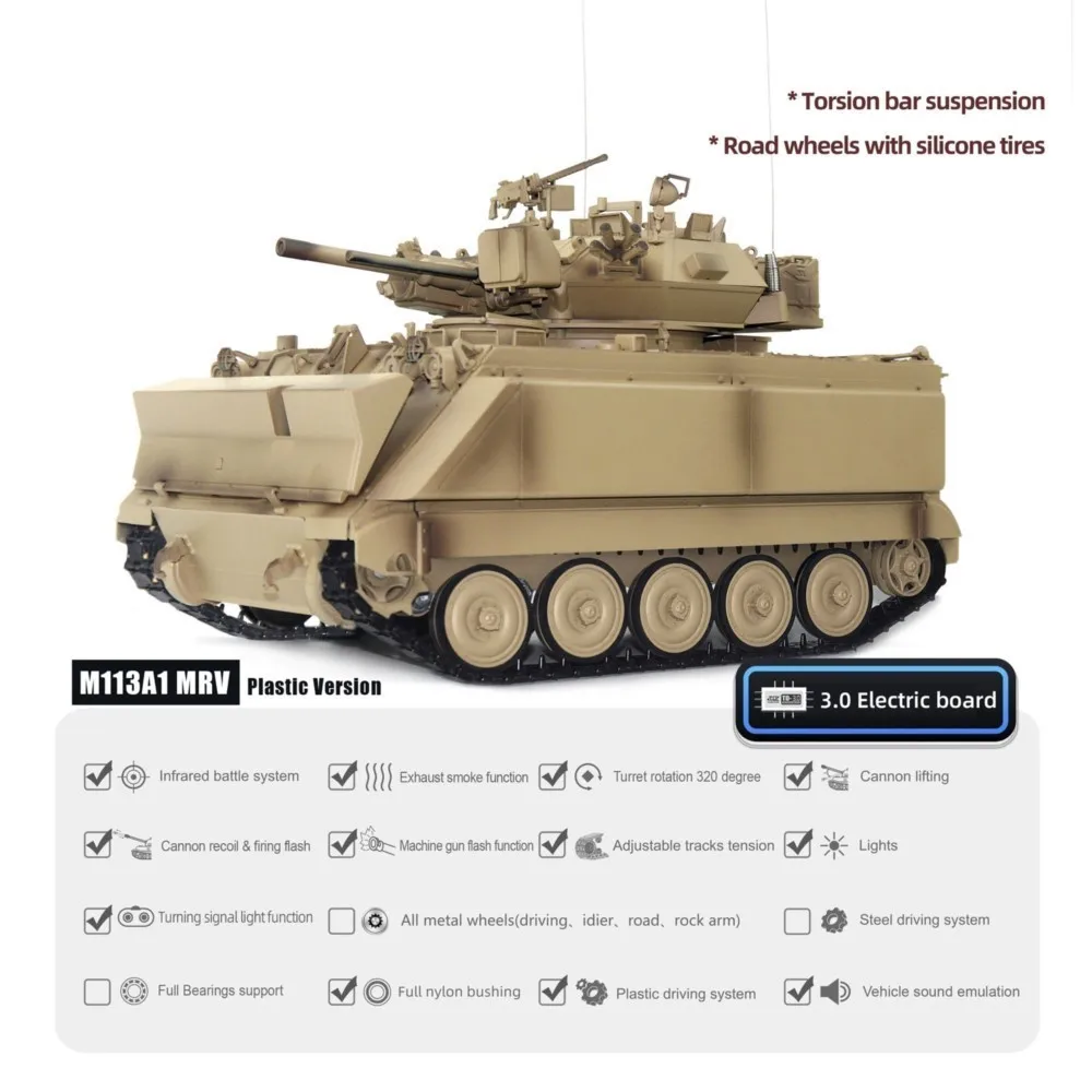 Char RC Tongde M113A1 MRV en action, tourelle tournée, fumée s'échappant du pot d'échappement.
