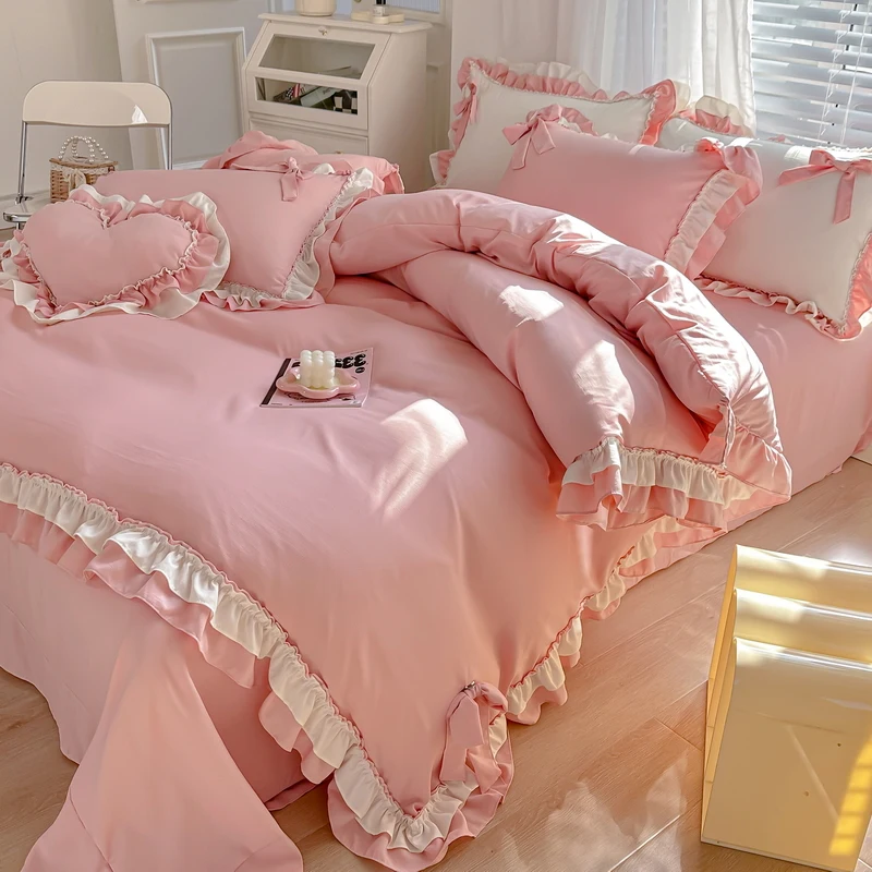 

Strawberry Washed Cotton Bedding Set roupa de cama Lace Ruffles Bedsheet Set with Pillowcase for Girls White and Blue Bedclothes