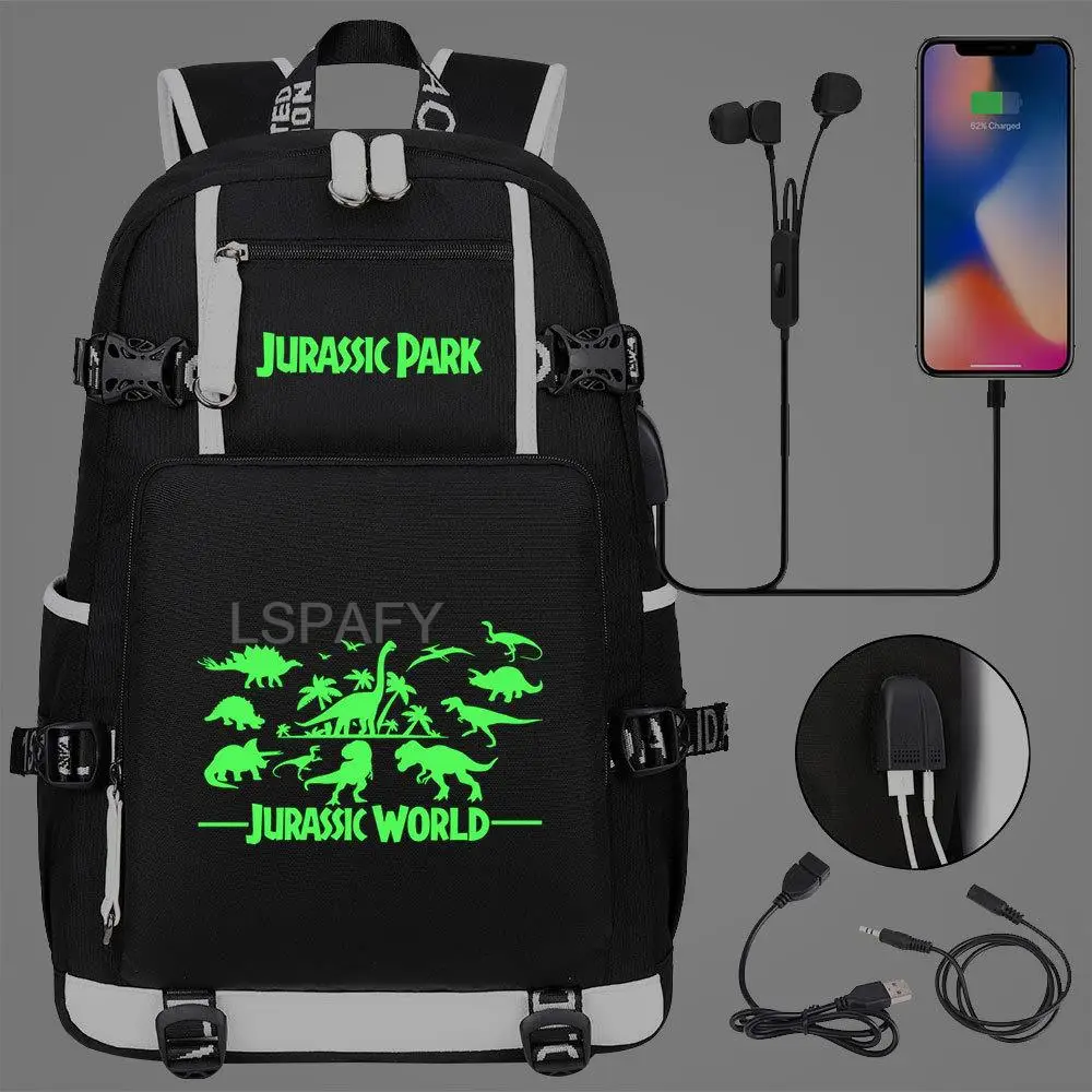 Luminous Cartoon Jurassic Park Dinosaur USB Children School bag Teenagers Student Schoolbags Women Men Backpack