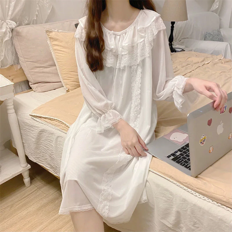 Womens Nightgown Long Sleeve Lovely Retro Silky French Nightgown Sweet Vintage White Nightwear Leisure Nightdress Nighty Pajamas