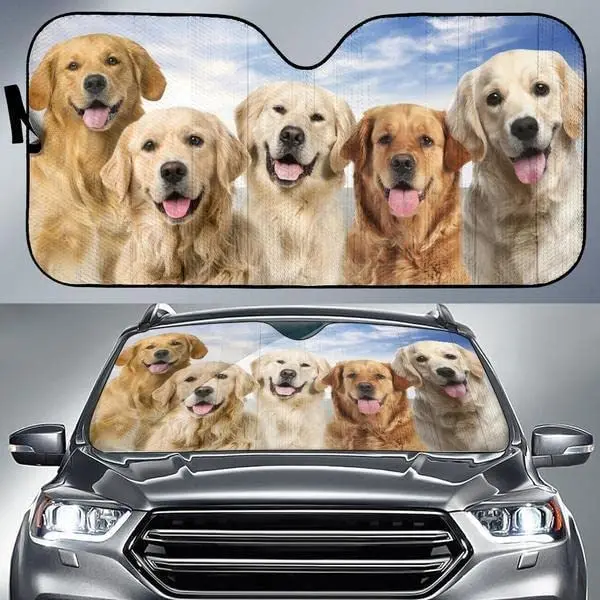 

3D Adorable Golden Retriever Team Blue Sky Summer Car Sunshade, Car Window Sun Cover for Golden Retriever Lover, Car Windshield