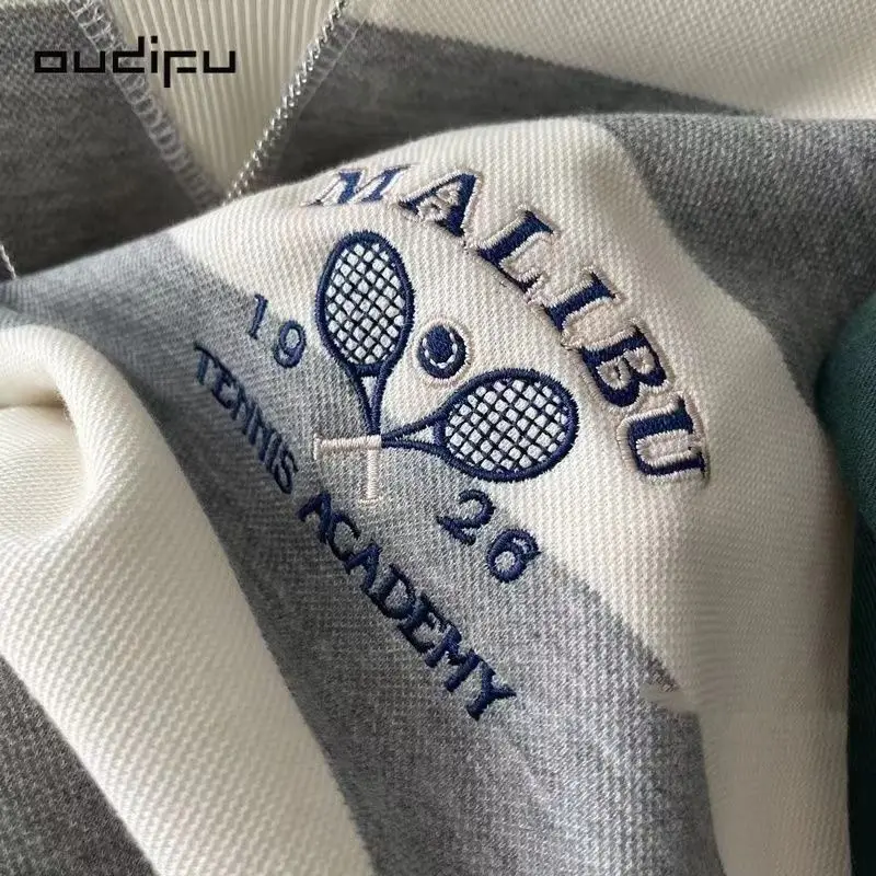 

Tennis Embroidery Sporty Sweatshirt Pullover Loose Gray Striped Vintage Preppy O-neck Hoodie American Streetwear Couples Casual
