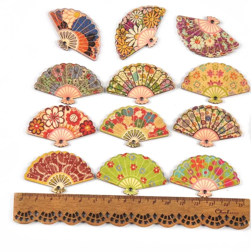 20Pcs 29x48mm Painted Fan Wooden Pendant DIY Crafts Supplies Hanging Ornaments Retro Wood Slices Home Decor C3427